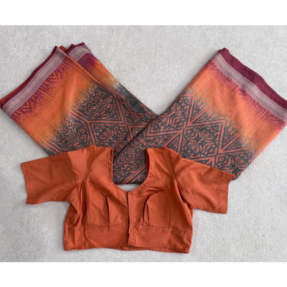 Rust Orange & Gray Art Saree Set M/L